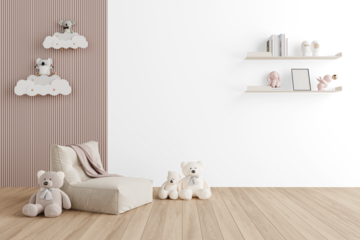 Transparent Background PNG Modern Kids Room with Beige Armchair and Floating Shelves – Cozy Interior Scene Generator