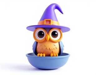 3D owl icon with witch hat sitting on a bowl rim, adorable Halloween theme, clean white or blurry backdrop