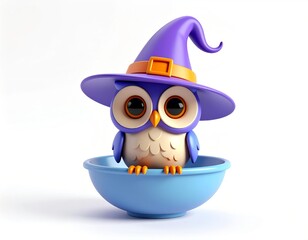 3D owl icon with witch hat sitting on a bowl rim, adorable Halloween theme, clean white or blurry backdrop