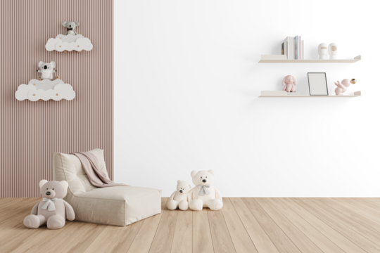 Transparent Background PNG Modern Kids Room with Beige Armchair and Floating Shelves – Cozy Interior Scene Generator