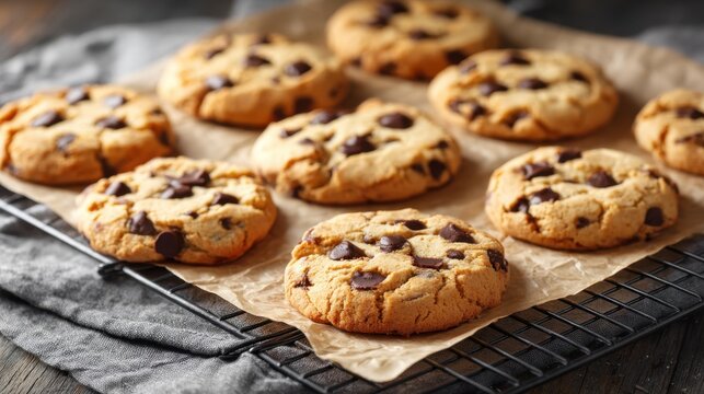 Freshly baked chocolate chip cookies cooling on a wire rack