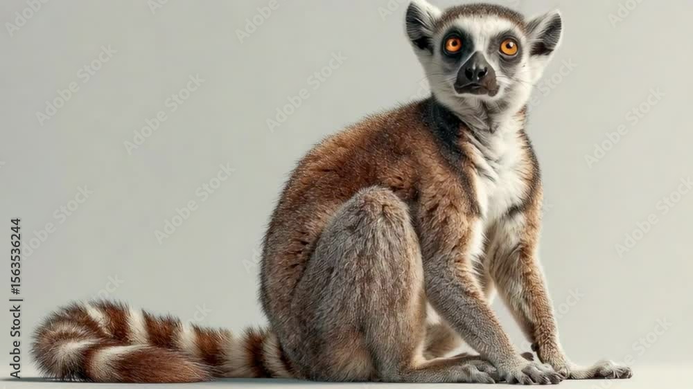 Poster a curious lemur sitting upright with curled tail in a studio setting, showcasing unique features and
