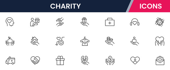 Charity Line Icons set. Contains icons related to charity, caring for the elderly, helping homeless animals, donation, and more. Vector illustration