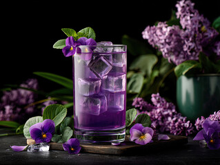 homemade drink with violet on a black background