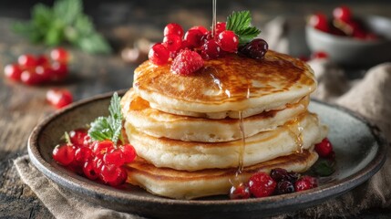 Stack of pancakes with berries and syrup on a rustic plate