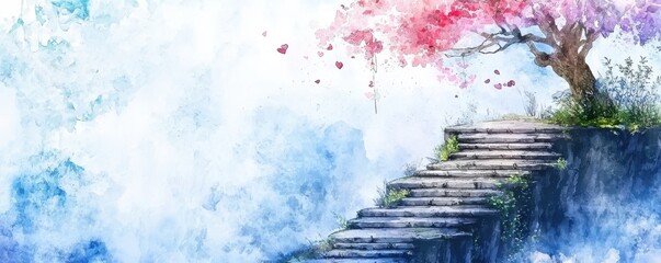 A watercolor painting of stone steps ascending beside a blossoming tree with pink flowers against a serene blue and white sky background.