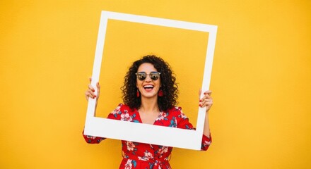 Happy young woman holding a white picture frame against a yellow background