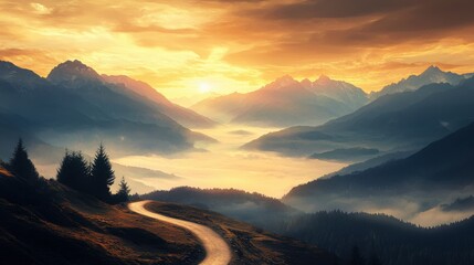 A winding mountain path leads through misty valleys under a vibrant orange and yellow sunrise, framed by dark pine trees and rugged peaks.