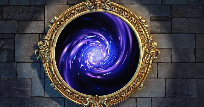Ornate Golden Frame Encloses a Whirlwind of Deep Purple and Violet