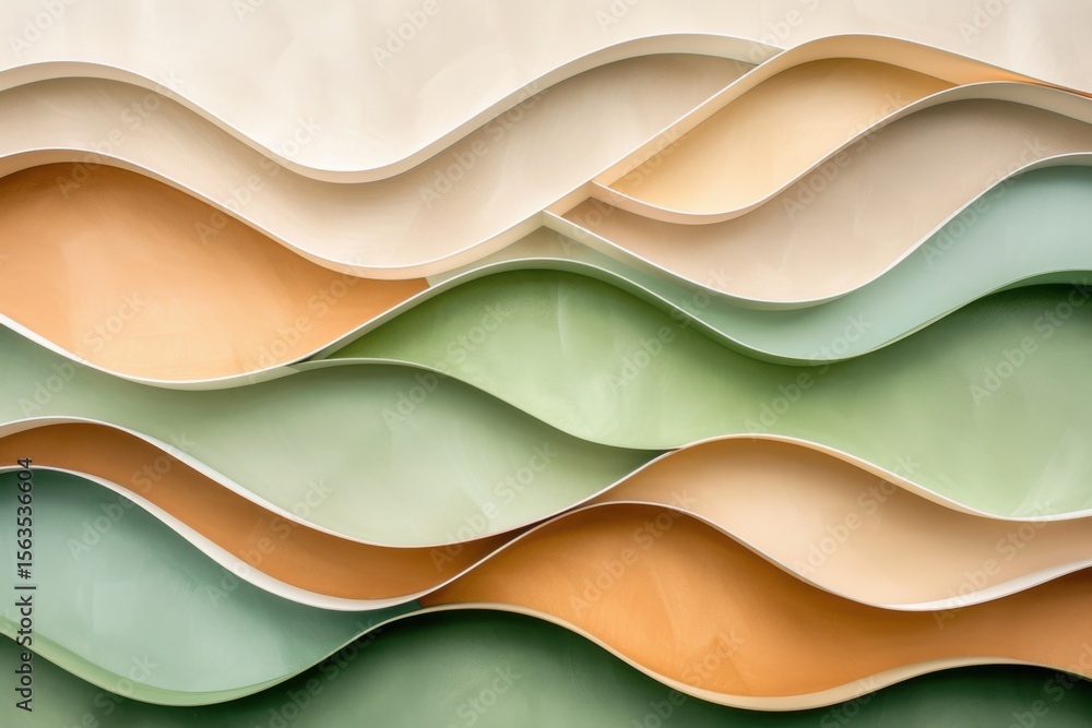 Poster abstract layered waves in pastel shades of beige, green, and orange create a smooth, flowing pattern