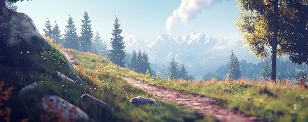 A scenic mountain trail winding through a grassy, flower-dotted landscape with pine trees and snow-capped peaks in the background under a clear blue sky.