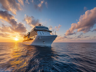 Large Luxury Cruise Ship Sailing at Sunset Over Calm Ocean Waves, Sea travel