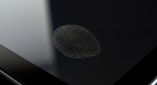 Fingerprint authentication technology on a sleek, dark touchscreen device, showcasing modern security measures.