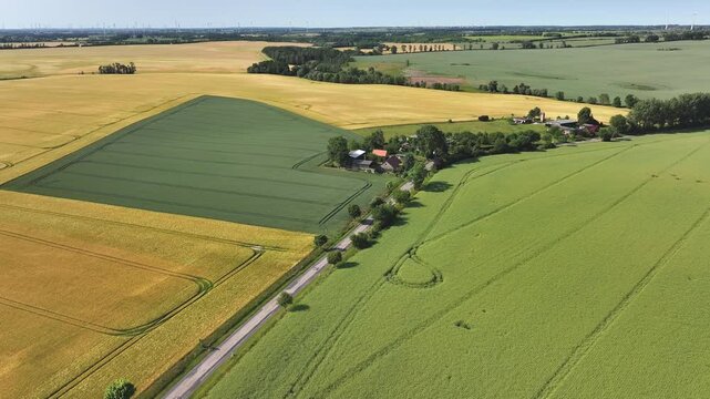Aerial view of fields and farm, Germany.