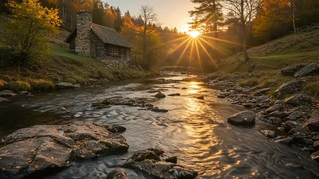 Rustic cabin by a babbling brook at sunset