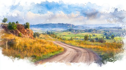 A winding dirt road stretches through a vibrant countryside with grassy fields, a rocky hill, and a distant village under a cloudy blue sky.