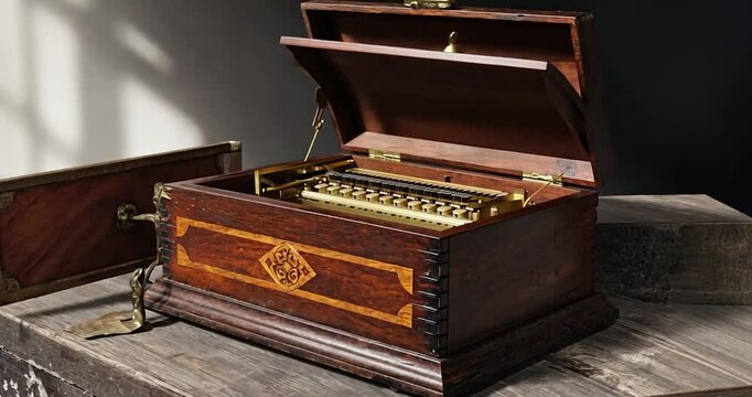 Antique wooden music box with intricate design