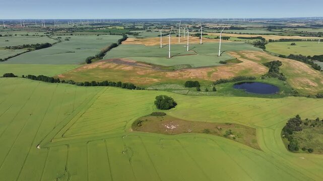 Aerial view of wind turbines and fields, Germany.