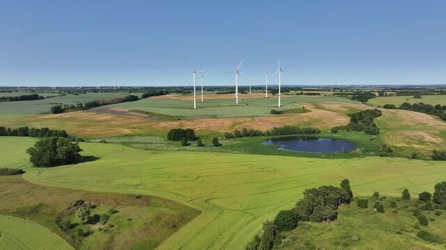 Aerial view of wind turbines and fields, Germany.