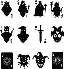 Naklejka premium Dark Fantasy Playing Card Character Silhouettes: Kings, Queens, Jacks, Jokers, and Suits for Gaming, Design, and Themed Projects.
