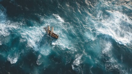Obraz premium Wooden sailboat navigating turbulent ocean waters under dramatic sky