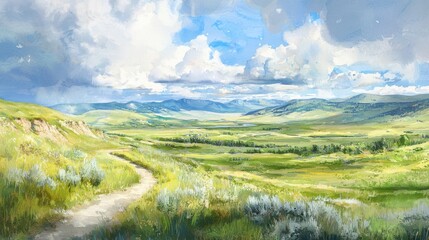 Fototapeta premium A serene landscape painting depicting rolling green hills under a partly cloudy sky with a winding path through wild grasses and vegetation.