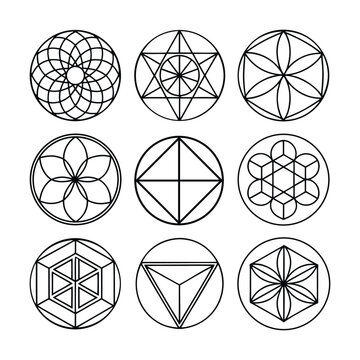 Vector Set of 9 Sacred Geometry Line Icons &ndash; Seed of Life, Metatron&rsquo;s Cube, Sri Yantra Symbols

