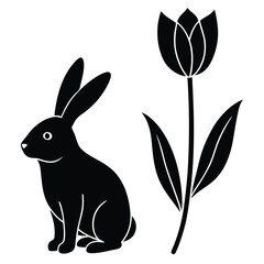 Stylized black silhouette of a rabbit sitting next to a tulip flower