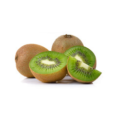 Juicy kiwi fruits shown whole and halved with bright green interior – perfect for vitamin-rich,...