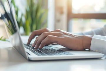 白いシャツ姿のビジネスマンがパソコン入力する様子