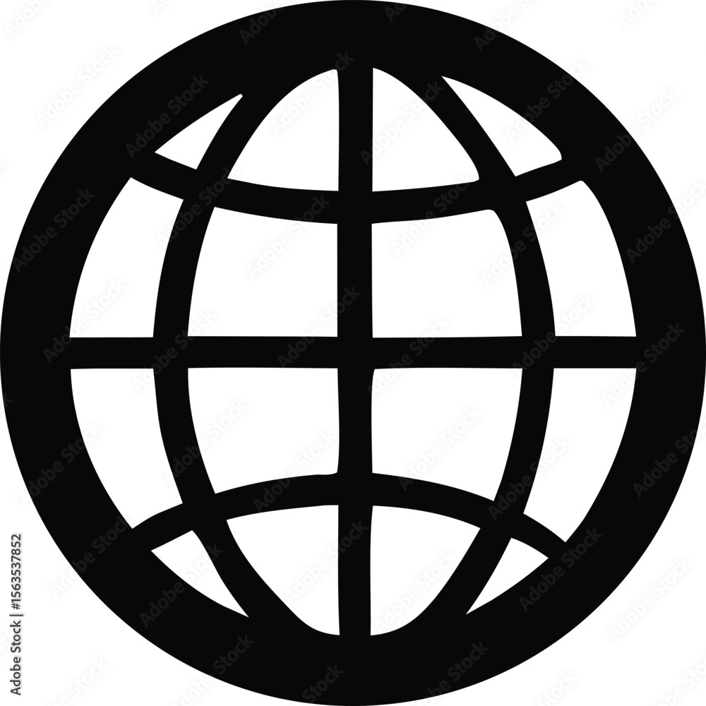 Poster a simple black and white graphic of a stylized globe with intersecting lines representing latitude a
