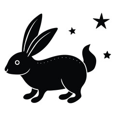 Stylized black rabbit with long ears and stars on a white background