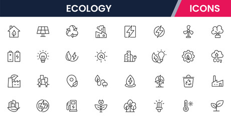 Vector illustration web line icon collection for ecology: nature, sustainability, renewable energy, and green living symbols in a clean, modern, eco-friendly style.