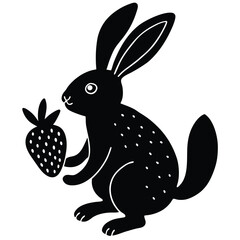 Cute black rabbit holding a strawberry with white dots and details