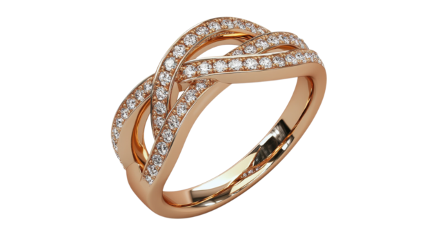 Elegant intertwining rose gold ring adorned with sparkling diamonds captures the light beautifully, showcasing exquisite craftsmanship and design on transparent background