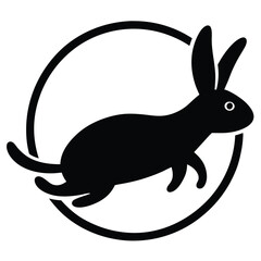 Black silhouette of a rabbit jumping through a circular hoop on a white background