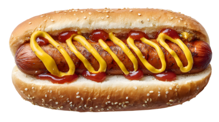 Top view Hot dog with ketchup and mustard, isolated on a white background. isolated on a transparent background. PNG format for graphic design.