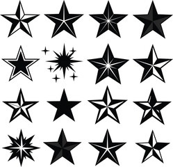 Obraz premium A comprehensive collection of star and sunburst icons, including various shapes and styles, perfect for graphic design, awards, celebration, and decorative projects.