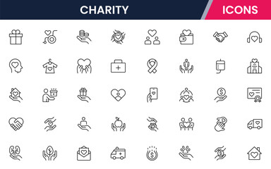Charity Line Icons set. Contains icons related to charity, caring for the elderly, helping homeless animals, donation, and more. Vector illustration