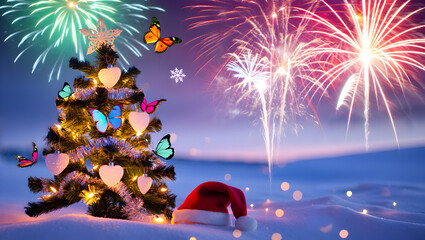 Decorated Christmas tree with butterflies and Santa hat under fireworks in snowy landscape