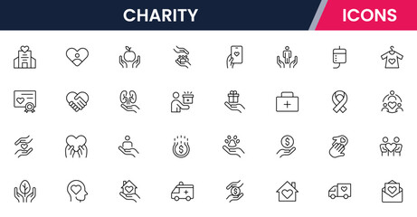 Charity Line Icons set. Contains icons related to charity, caring for the elderly, helping homeless animals, donation, and more. Vector illustration
