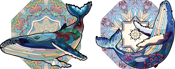 Swimming whales for anti stress Coloring Page.