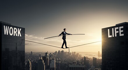 Balancing Act: A businessman walks a tightrope between demanding work and personal life, symbolizing the challenges of modern life.