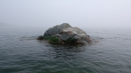 Solitary Rock in Foggy Sea: A single, large rock emerges from the misty surface of a calm sea, creating a sense of mystery and isolation.