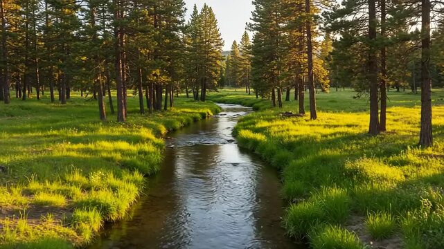Creek flowing through meadow and forest at sunset