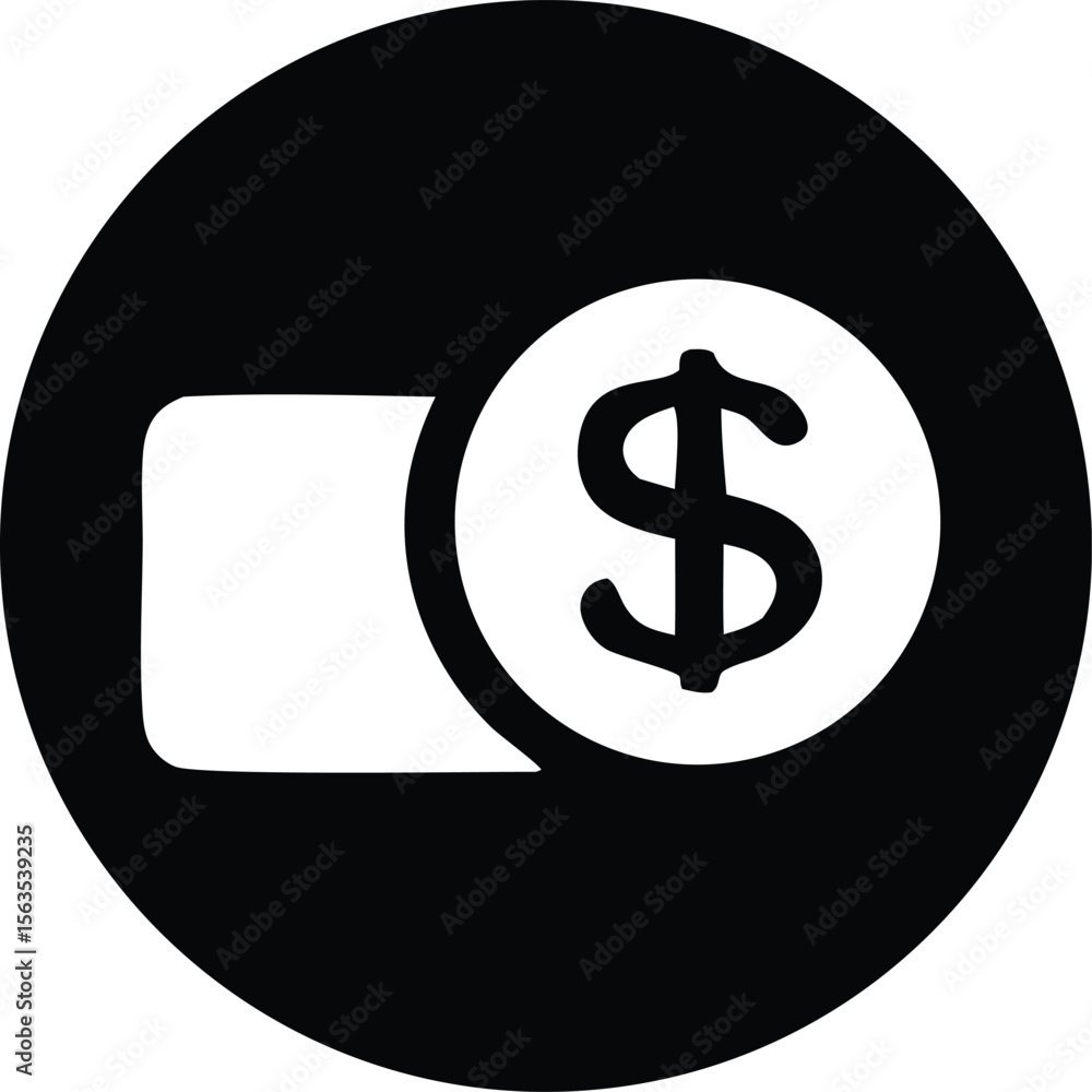 Poster simple black and white icon representing a dollar coin being inserted into a slot or wallet symboliz