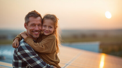 Vater und Tochter lächelnd und umarmend vor Solarzellen, Familienfreude, erneuerbare Energie, nachhaltiges Leben, umweltfreundlich, Sonnenlicht, glückliche Vater-Tochter-Beziehung, Natur und Solarener