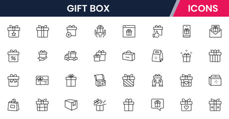 Gift box icons set. Surprising gift box symbol. Present a gift box tied with a sign. Christmas, birthday, Valentine, party, celebration, achievement, success vector illustration