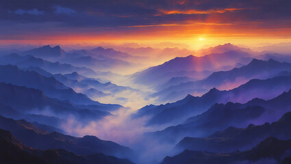 Dramatic mountain range landscape at sunrise with vibrant sky and mist filled valleys