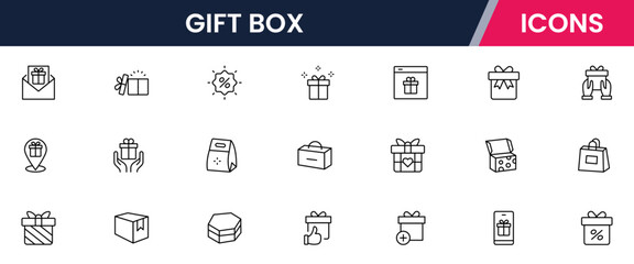 Gift box icons set. Surprising gift box symbol. Present a gift box tied with a sign. Christmas, birthday, Valentine, party, celebration, achievement, success vector illustration